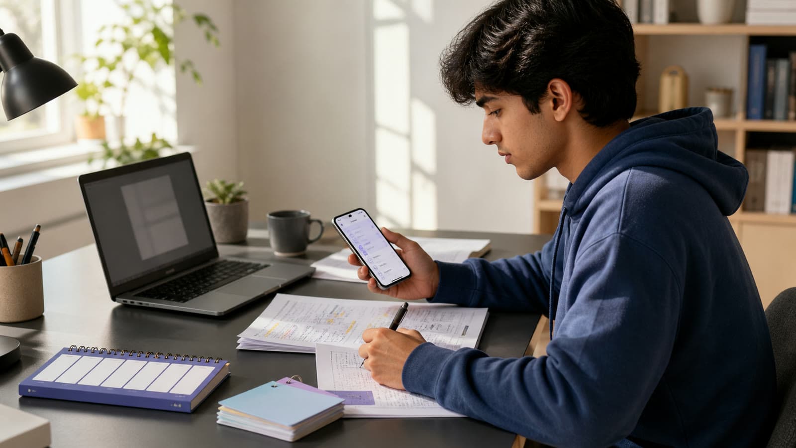 University student reviewing lecture notes, a seven-day planner, flashcards, and a quiz on a phone