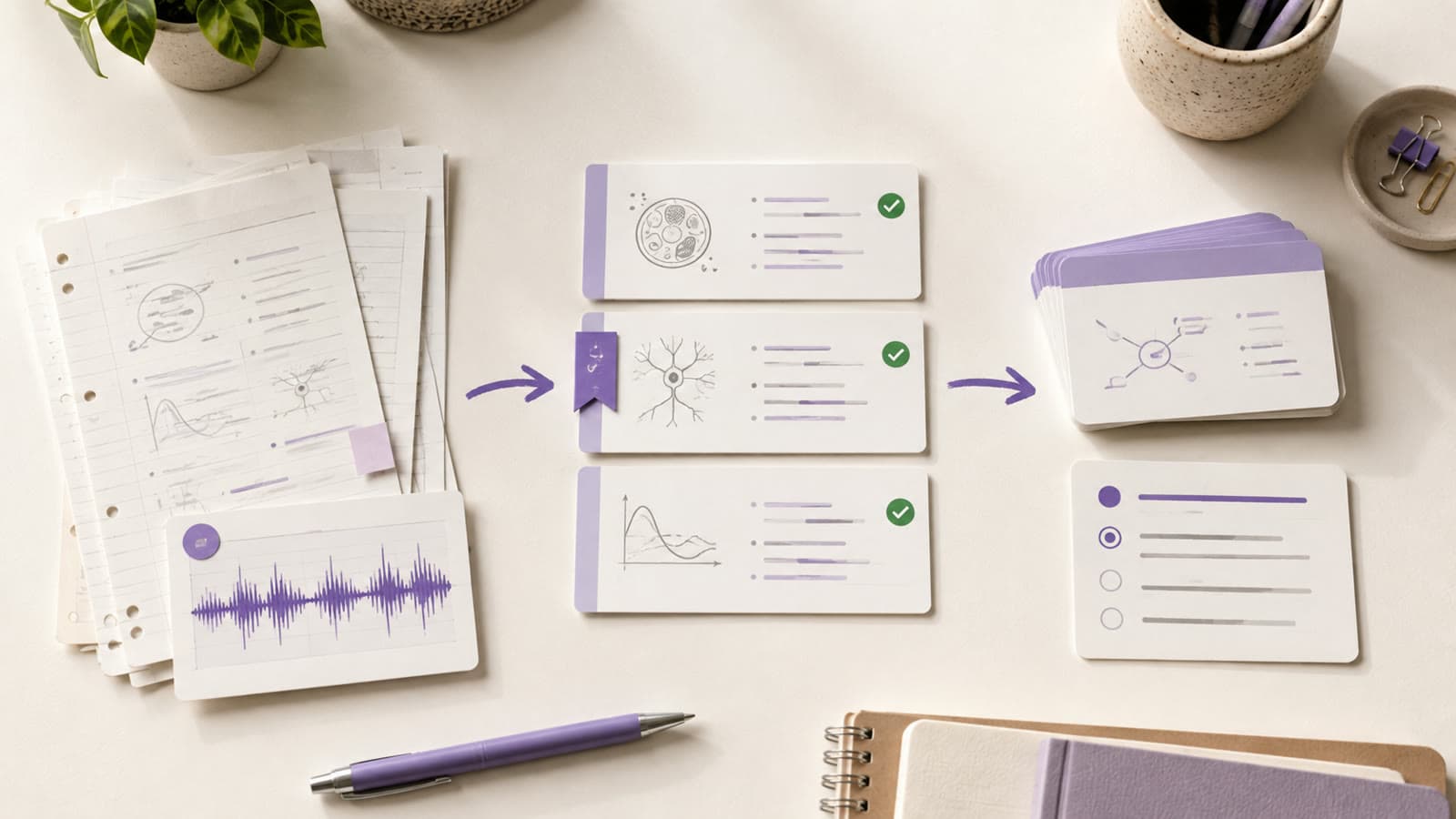 Desk illustration showing lecture files becoming organized topic notes, flashcards, and a practice quiz
