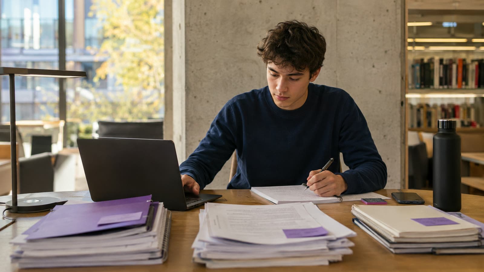 University student organizing a backlog of lecture notes into a focused catch-up plan in a library