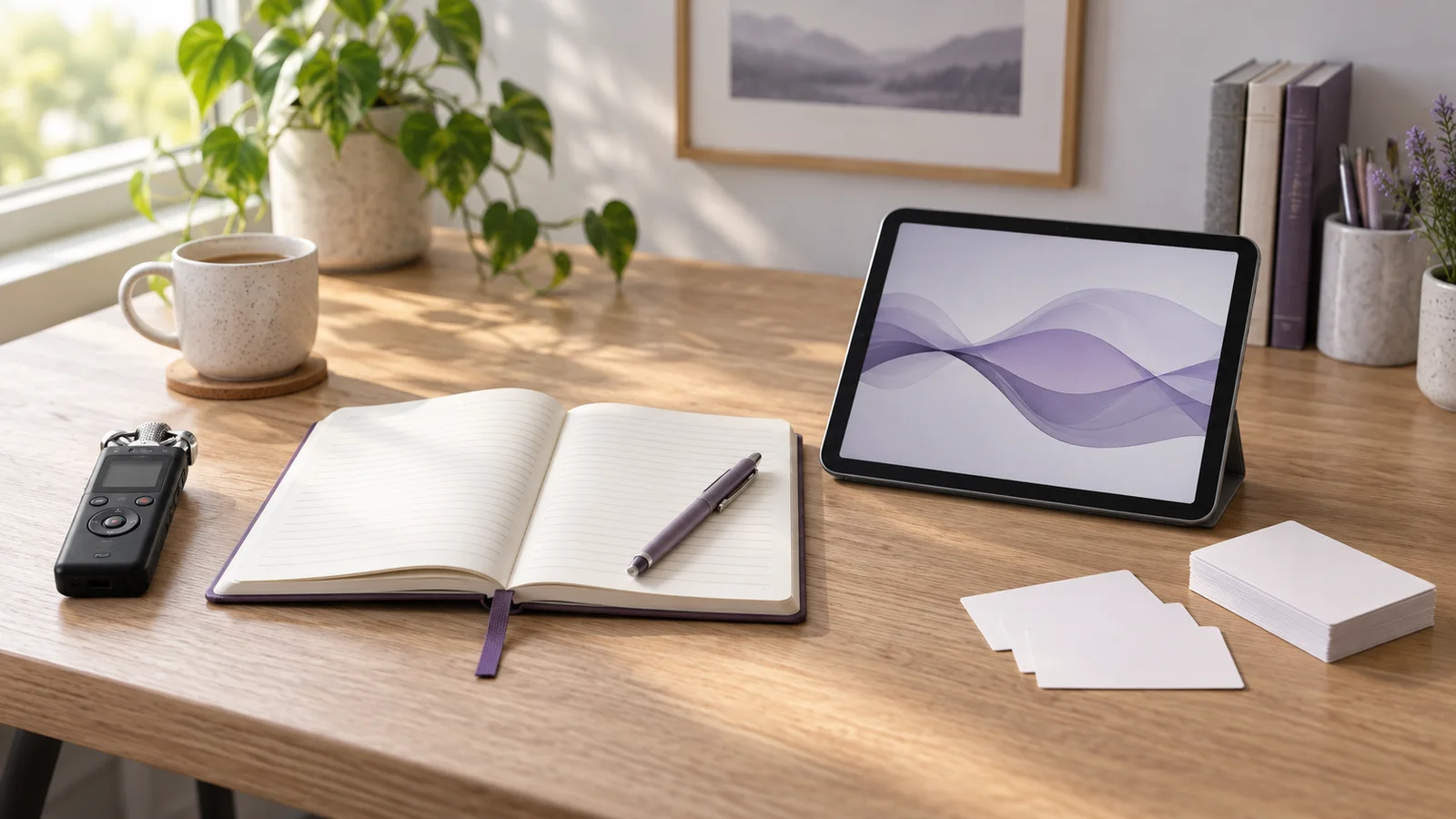 Audio recorder, notebook, tablet and study cards arranged on a calm study desk