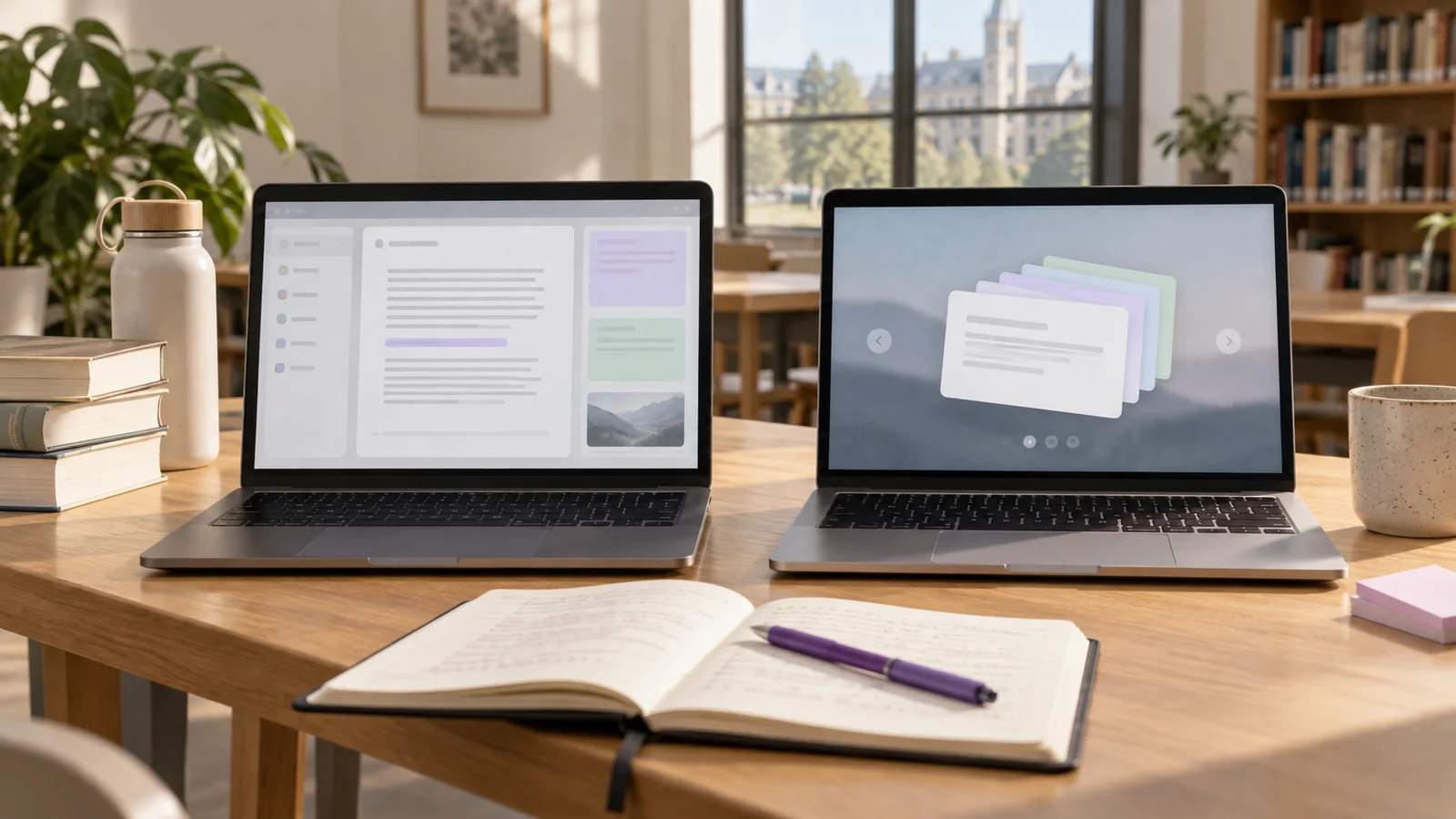 Two laptops displaying abstract document and flashcard layouts in a university study room
