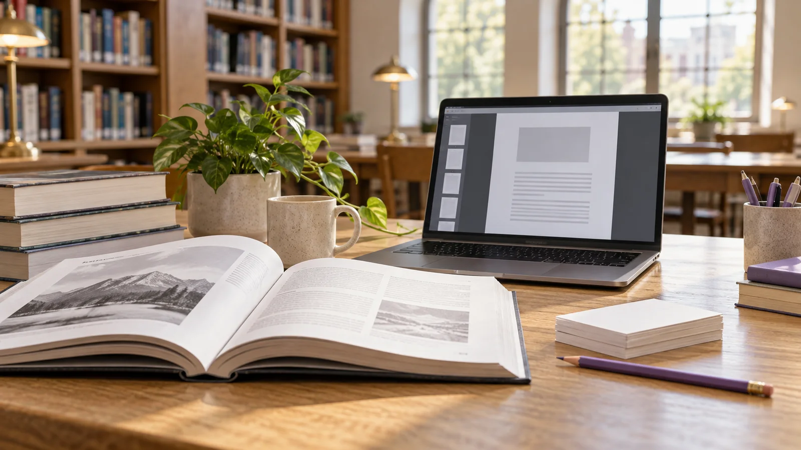 Open textbook, laptop displaying an abstract document and blank index cards in a library