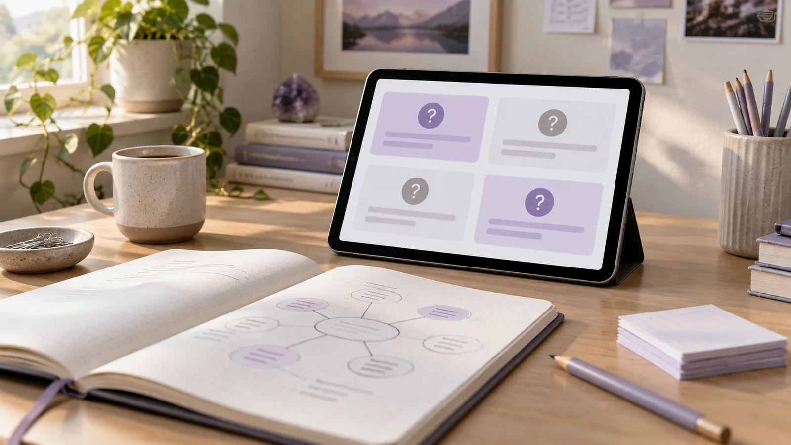 Tablet with abstract question cards beside a concept map and paper study cards